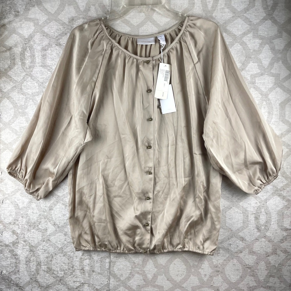 Chico's Natalia Top Women's 1 M Khaki NWT Soft Sheen Satin Blouse Button Front